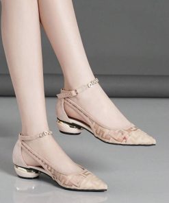 Beige Ankle Strap Low Heels
